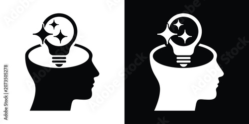 Canvas Print Profile of a human head with a sparkling light bulb inside, representing bright ideas, creative inspiration, and sudden realization