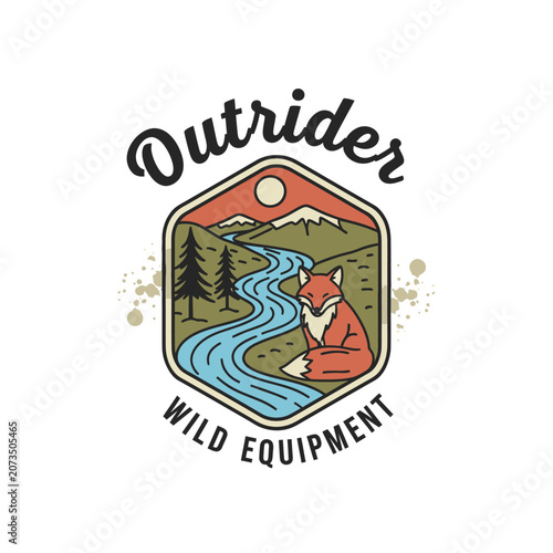 Retro fox in wilderness outrider wild equipment emblem