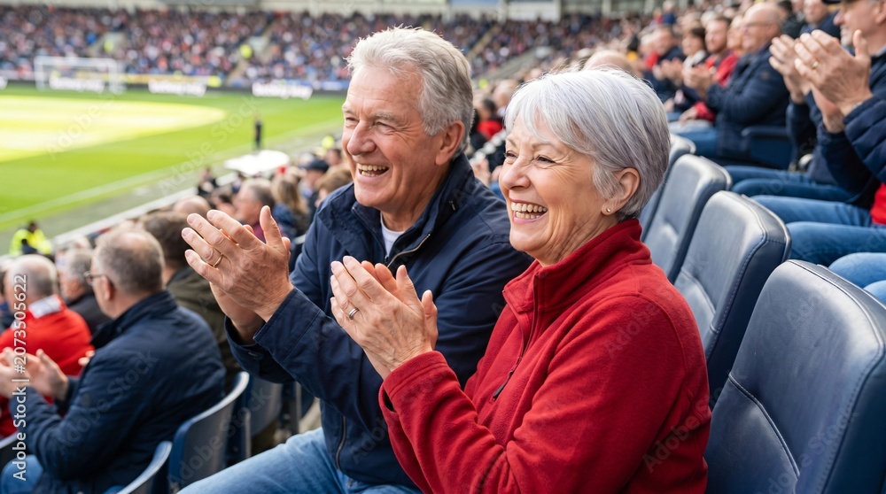 Fototapeta premium Joyful senior couple clapping hands enthusiastically enjoying live soccer match an outdoor stadium