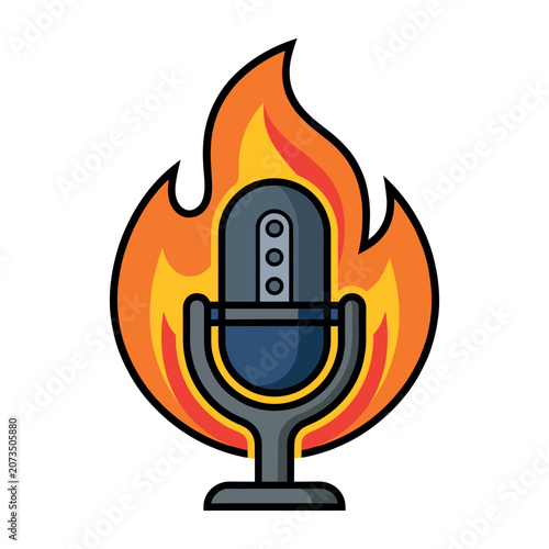 Microphone icon with flames, symbolizing popular audio content, trending podcasts, live broadcasting, and engaging discussions