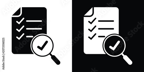 Fotografie Line icon of a checklist sheet with a magnifying glass and checkmark symbol