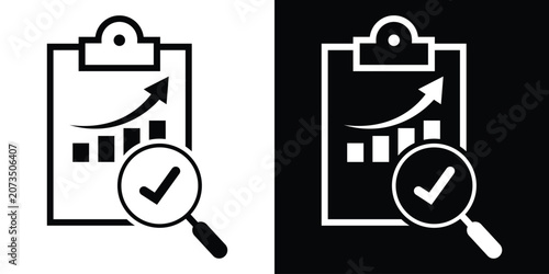 Bild auf Leinwand Clipboard icon holding a business performance trend graph alongside a magnifying glass checkmark
