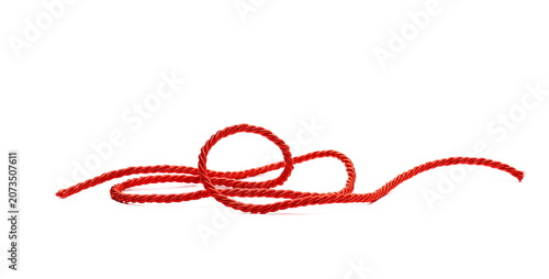 Photography Red string, rope isolated on white background, side view, design element
