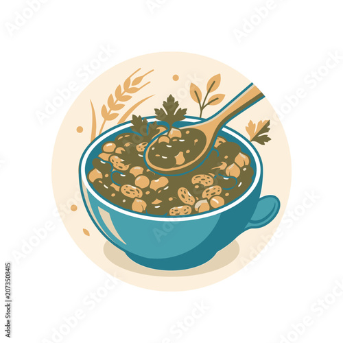 Bowl of hot bean soup with wooden spoon.