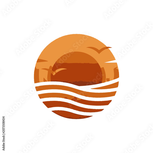 Orange sunset over ocean waves with flying birds.