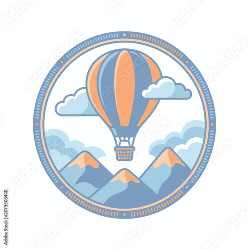 Hot air balloon over mountains circular emblem.