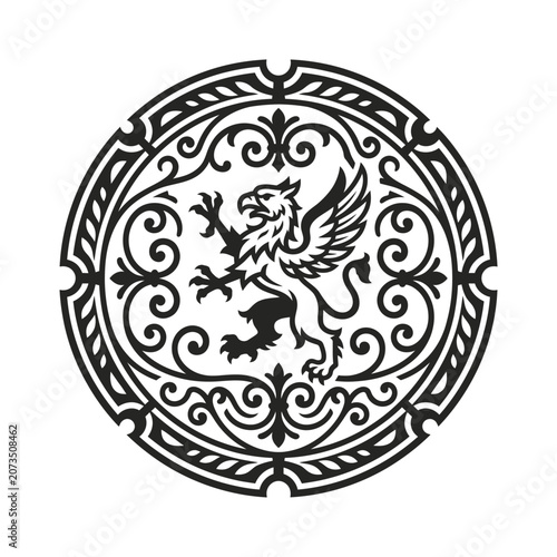 Heraldic griffin crest in circular frame.