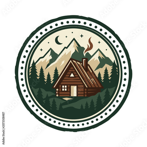 Circular mountain cabin emblem with forest and moon.