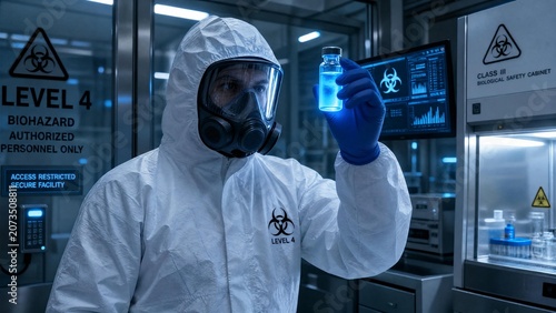Scientist in Biohazard Level 4 Hazmat Suit Examining Bioluminescent Vaccine in High-Security Lab