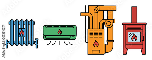 Heating and cooling systems icons set. Radiator, air conditioner, furnace, and wood stove illustrating thermal and climate control
