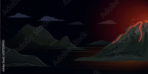 The volcanic mountain spewing lava and painting the night sky red.