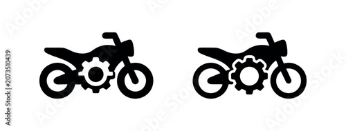 Motorcycle with gear icon set. Flat and outline symbols for motorbike repair, mechanics, or engine service.