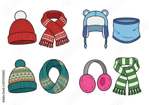 Models showcase warm knitted headwear, neckwear, and ear accessories in a cozy winter collection