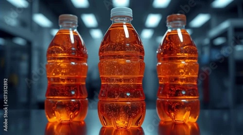 Three sports drink bottles with vibrant orange liquid, created with generative ai