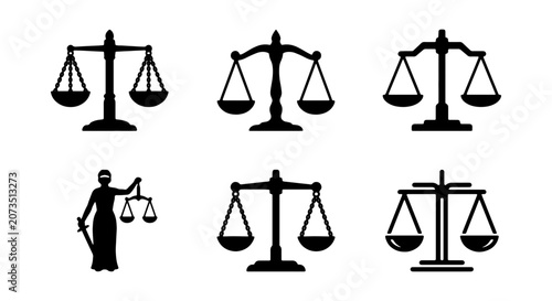 Tableau sur toile Scales of Justice Icons, Legal Balance Symbols, Law and Order Vector Set