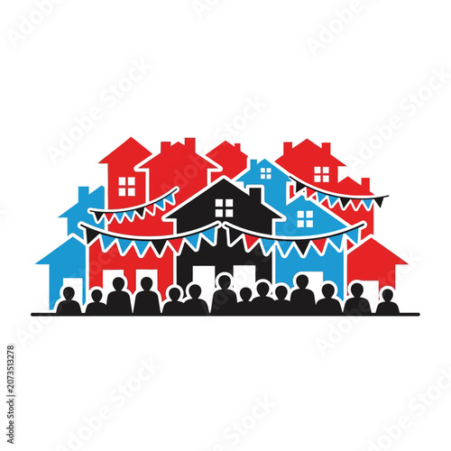 A colorful illustration of a neighborhood community gathering together