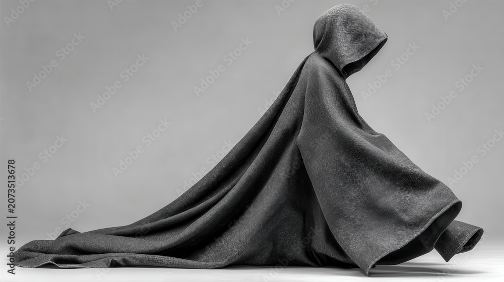 Naklejka premium Mysterious long black hooded cloak on a white background, flowing fabric for fantasy costumes, cosplay, and dramatic role-play.