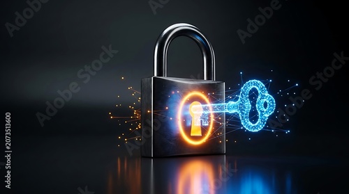 Advanced digital security solution with a futuristic polygonal key unlocking a robust padlock, ensuring data protection and privacy.