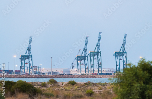 Massive Port Cranes at Container Terminal in Busy Maritime Shipping Harbo