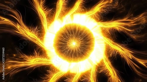 golden energy sphere pulses with radiant light, surrounded by intricate swirling fractal plasma patterns against a stark black background, created with generative ai