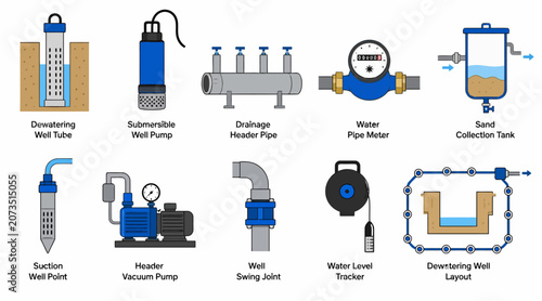 Fotografía Collection of water well and pump system illustrations.