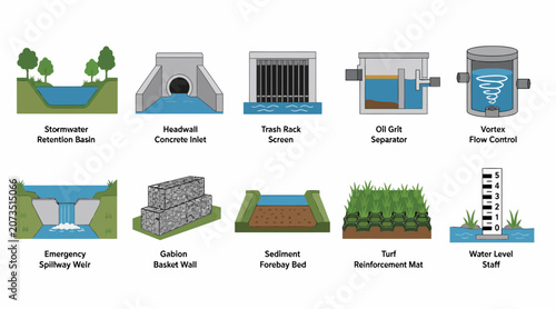 Konstfotografi Collection of water treatment and emergency infrastructure icons.