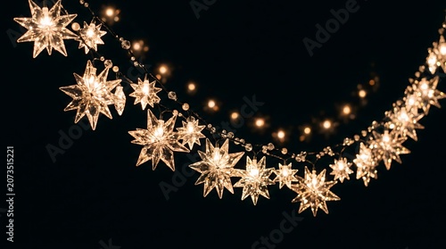Crystal Christmas Star Light Garland, Glowing on Black Background, Luxury Holiday Decoration