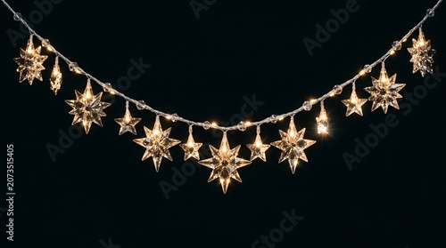 Crystal Christmas Star Light Garland, Glowing on Black Background, Luxury Holiday Decoration