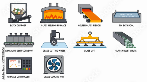 Schilderij op canvas Industrial Glass Manufacturing Equipment and Machinery Lineup.