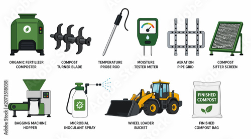 Collection of agricultural machinery and farming equipment icons.