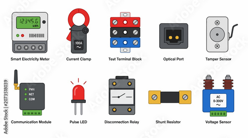 Collection of electronic components and sensors icons.