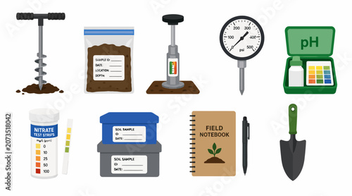 Collection of gardening and soil testing tools and supplies.
