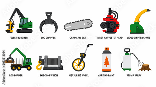 Collection of heavy machinery and construction equipment icons.