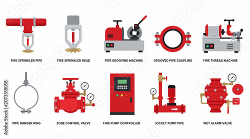 Collection of industrial fire safety equipment and tools.