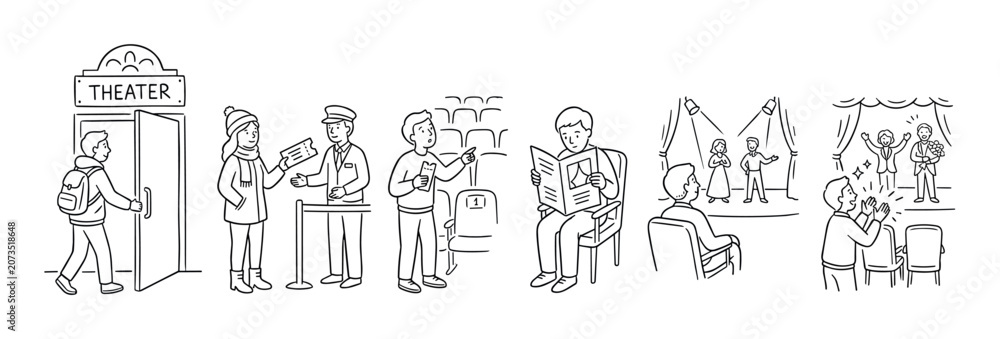 Obraz premium People enjoying a theater performance, showing the complete experience from entering the building, ticket check, finding seats, watching the show, and applauding the actors.