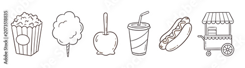 Popcorn, cotton candy, candy apple, soda, hot dog, and vendor cart are charmingly illustrated in a simple outline style, perfect for fairground themes.
