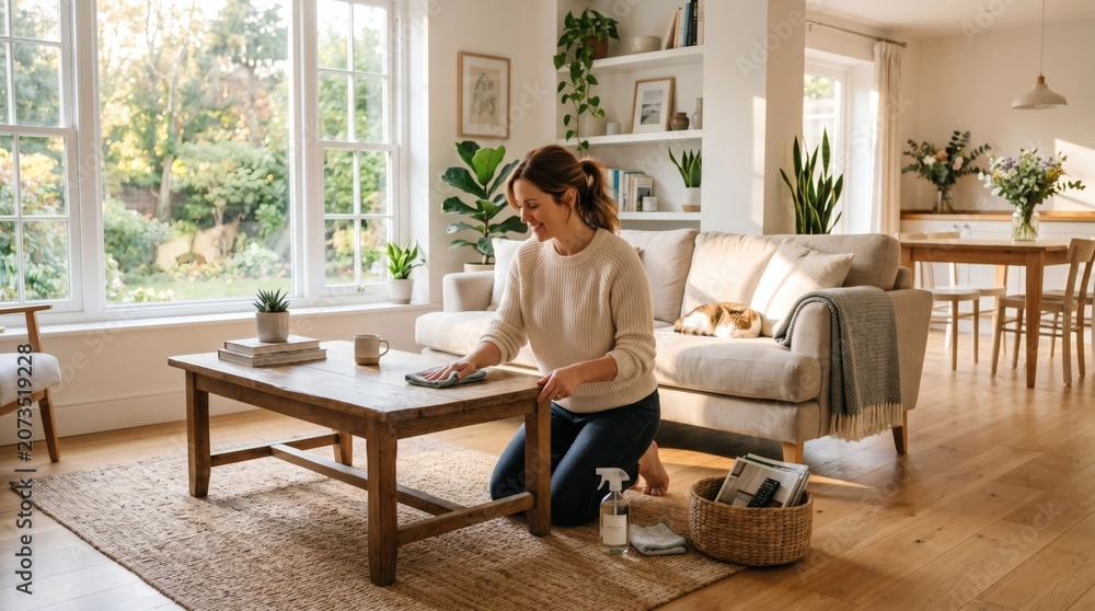 Fototapeta premium Woman cleaning a wooden coffee table in a bright living room with a cat sleeping on the sofa