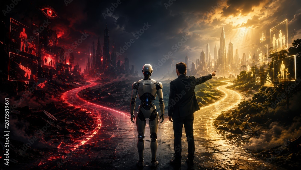 Fototapeta premium Human and robot facing a glowing future path. Artificial intelligence, transformation & innovation concept. 