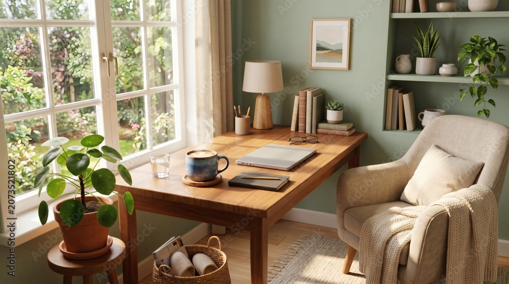 Fototapeta premium Cozy home office with a wooden desk, laptop, coffee, and plants by a sunny window