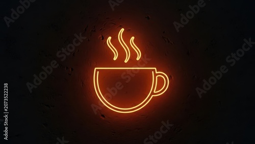 Glowing orange neon sign of a steaming coffee cup on a dark textured wall, representing a cozy cafe atmosphere for hospitality and beverage service businesses.