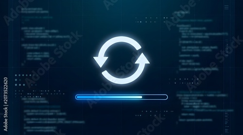 Software System Update Interface Displaying Synchronization Progress Bar and Programming Code