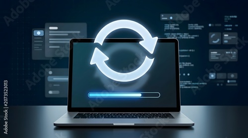 Laptop Computer Displaying Software Update Synchronization and System Upgrade Progress