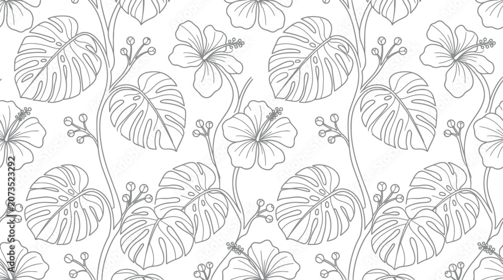 Fototapeta premium Tropical hibiscus and monstera seamless pattern line art for coloring pages