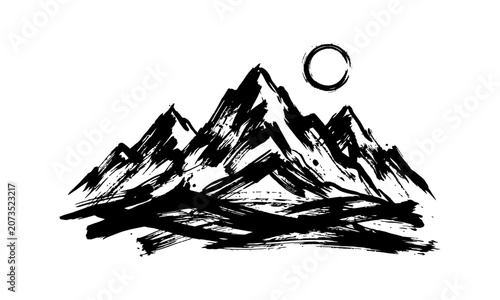 Black and white ink painting of mountain range with sun in artistic brush strokes.