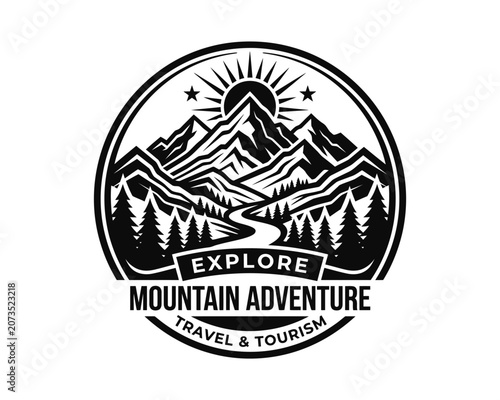Explore mountain adventure travel and tourism emblem with sun and pine trees.
