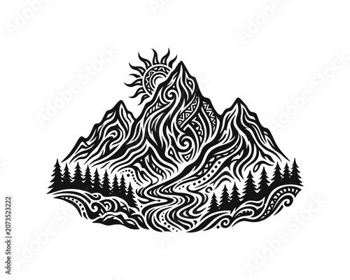 Stylized black and white mountain landscape with sun and intricate tribal patterns.