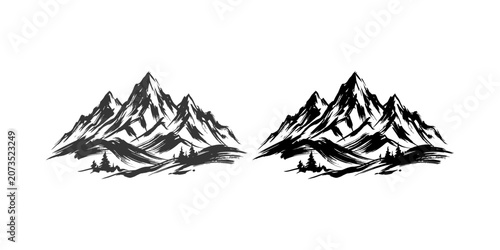 Set of two black and white ink style mountain range illustrations with trees.