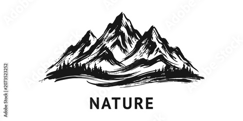 Mountain range silhouette abstract brush strokes landscape with pine trees and text.