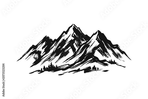Abstract mountain range brush stroke art black and white outdoor nature scene.