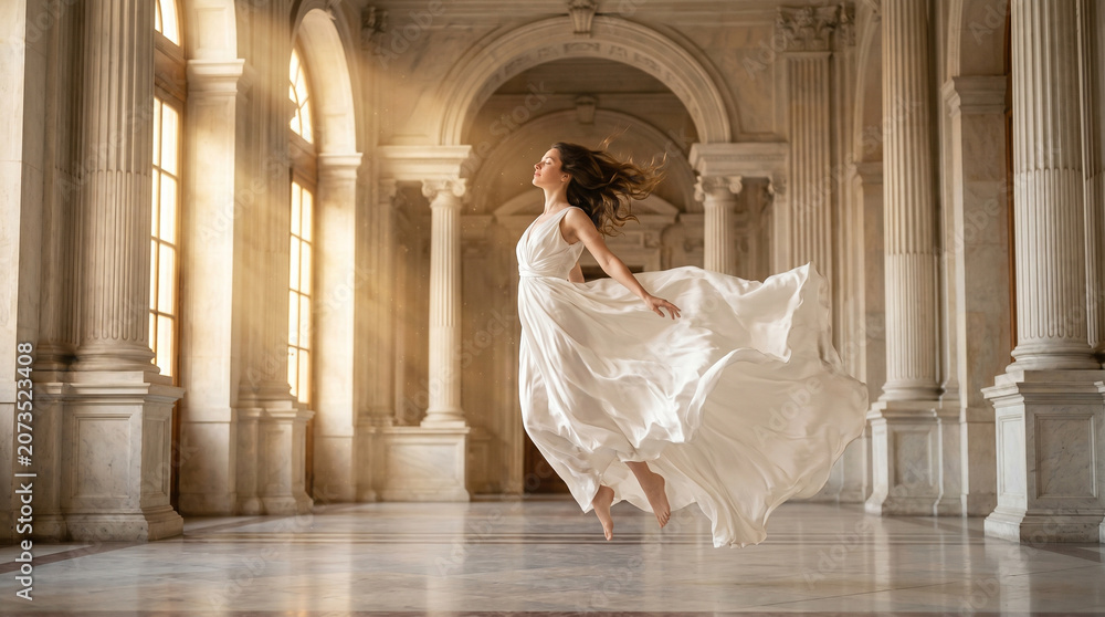 Fototapeta premium Dreaming woman levitating in elegant white dress inside luxurious classical palace hall